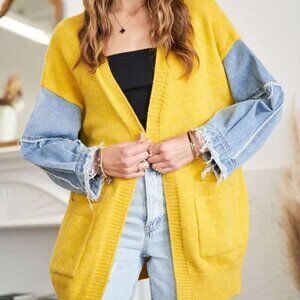 ADORA Full Size Frayed Denim Sleeve‎ Sweater Cardigan Plus Size